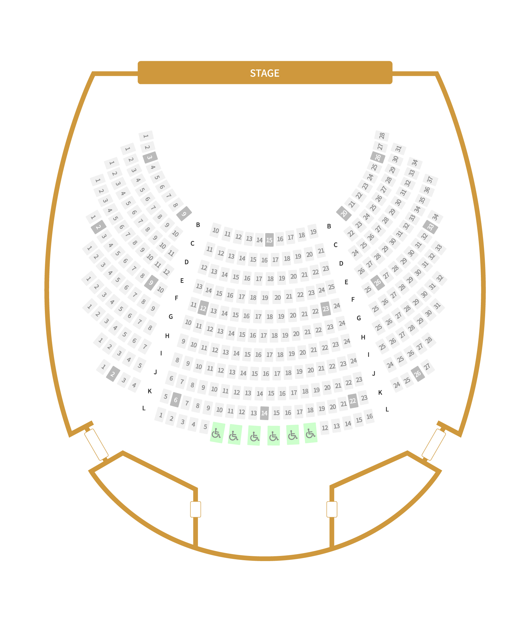 화랑홀 휠체어석 배치도. 오케스트라석: 오A열 12석, 오B열 26석, 오C열 26석. 1층: A열 28석, B열 30석, C열 30석, D열 32석, E열 34석, F열 34석, G열 34석, H열 36석, I열 36석, J열 38석, K열 38석, L열 38석, M열 38석, N열 38석, O열 38석, P열 38석, Q열 38석, R열 36석, S열 34석. T열 휠체어석 14석.